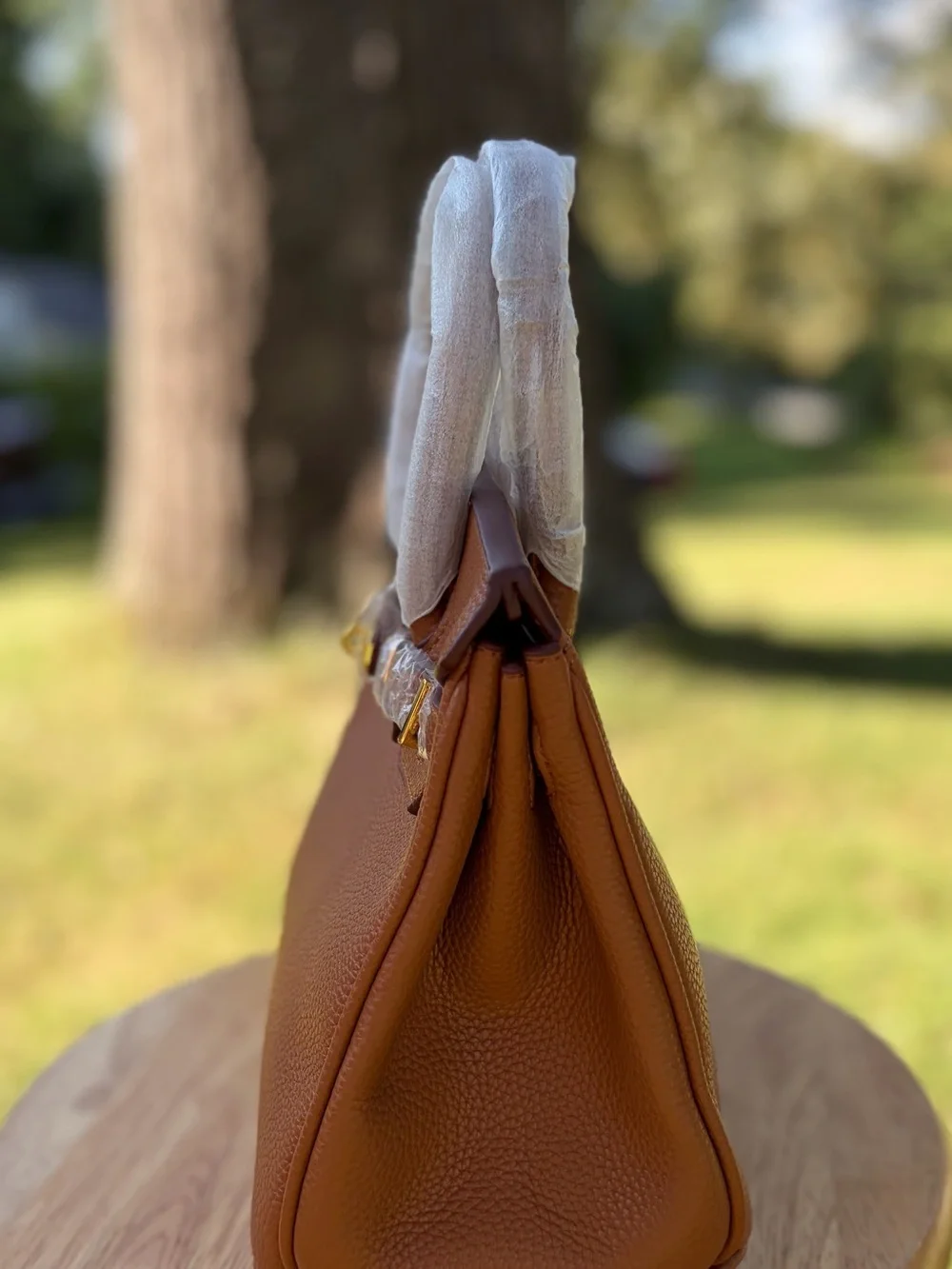 Brown/Tan Real Leather Top-Handle Bag with Gold Hardware